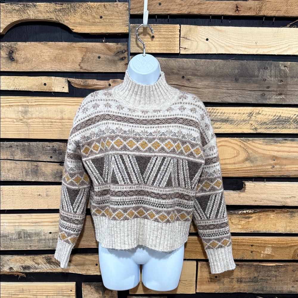 Marled Nordic Print Cream Brown Cropped
Mock‎ Neck Wool Blend Size XS